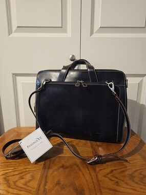 Passage 2 Classic Black Leather Briefcase with Removable Shoulder Strap
